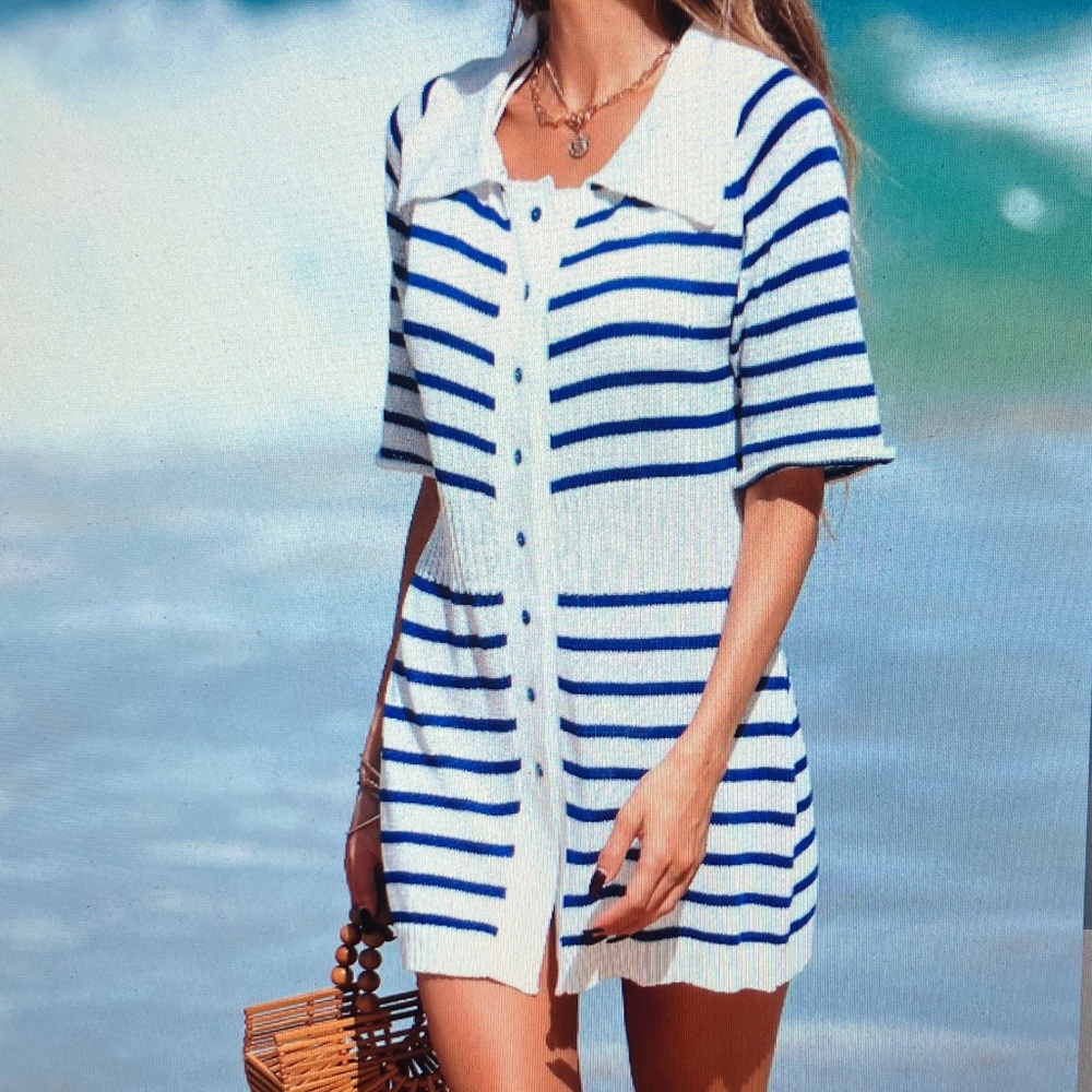 Women’s Blue & White Striped Button-Front Swim Cover-Up